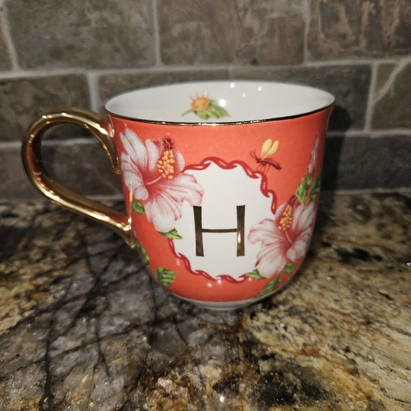 Lou Rota Exclusively for Anthropologie Floral Coral Mug Gold Handle H Monogram - Picture 2 of 5